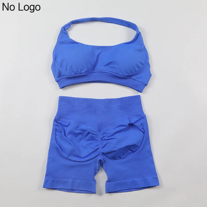 Fitness Shorts Sets Seamless Yoga Set Women 2Pcs Halter Sports Bra Scrunch Butt Gym Shorts Set Workout Clothes Summer Sportswear Badiee Stylez