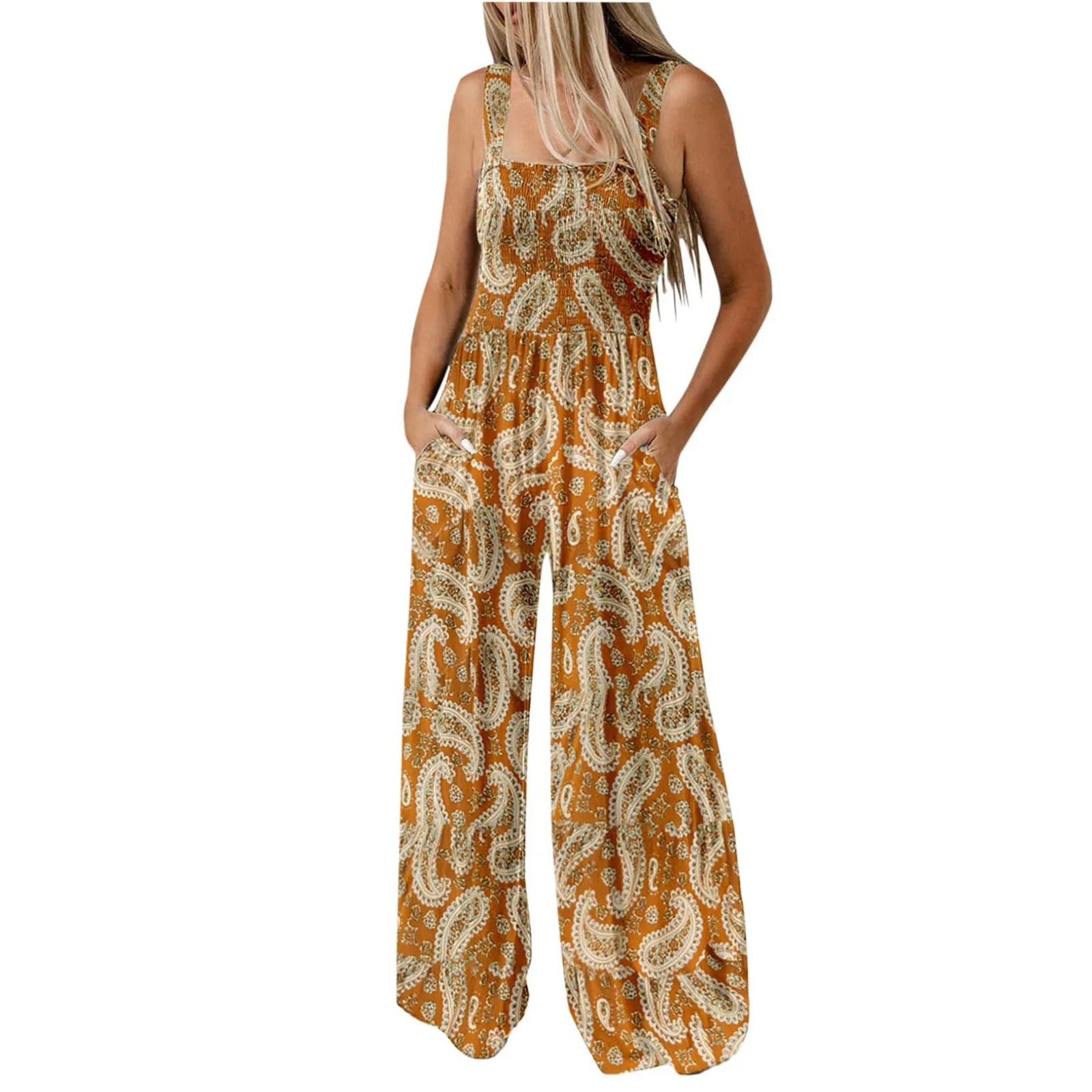 Women'S Suspender Jumpsuits Fashion Trend Pleated Shoulder Straps Printed Pocket Loose Wide Leg Jumpsuits Daily Casual All-Match Earthy Yellow