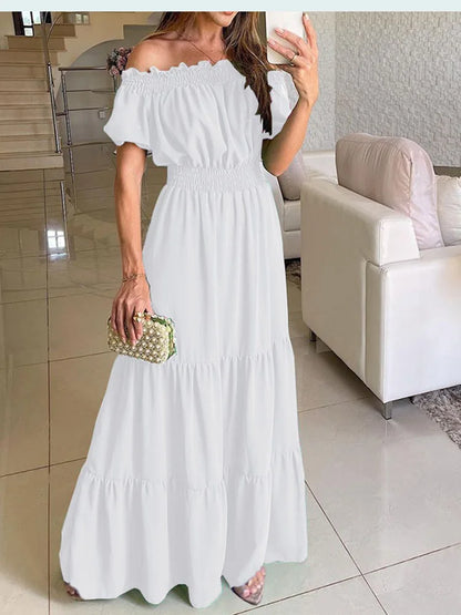 2025 Summer Solid Boho Dress Women Fashion Elegant Beach Party Dress Casual Slash Neck Office Maxi Dresses For Woman Robe Femme 6