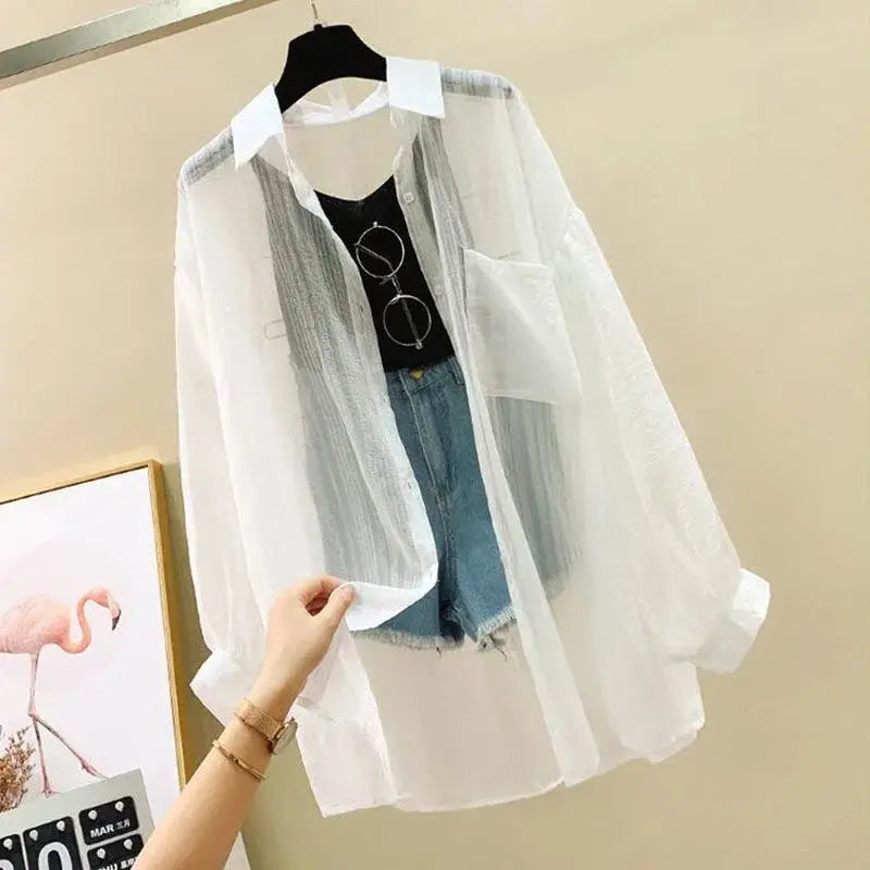 Summer Sunscreen Shirt Elegant Perspective Thin Chiffon Blouse Korean Harajuku See Through Loose Top Casual Women's Cardigan white