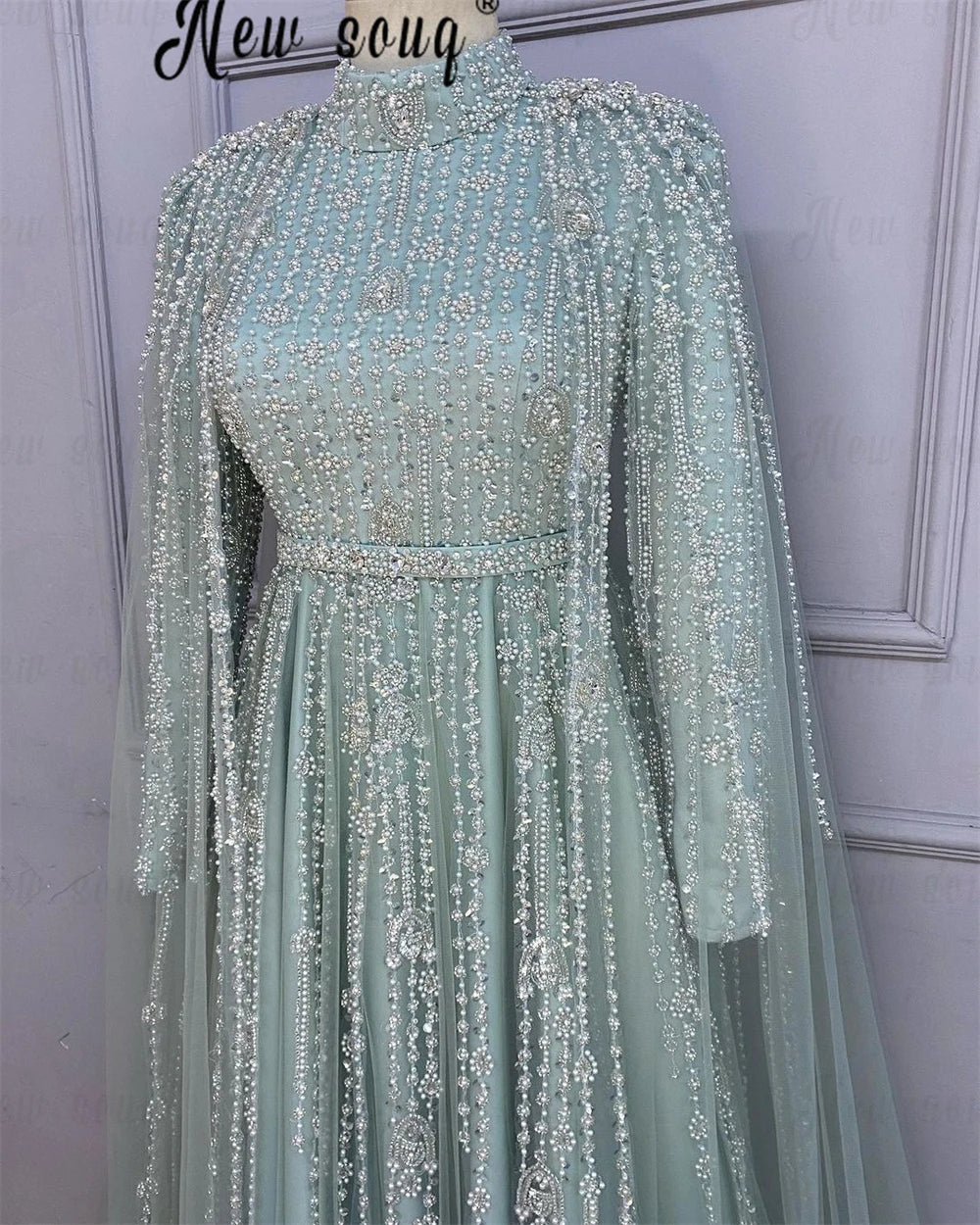 Middle East Evening Dress With Long Cape Sleeve Dubai Mint Green Wedding Party Gowns Muslim Women A Line Prom Dress Customized Badiee Stylez