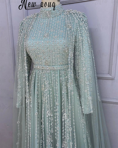 Middle East Evening Dress With Long Cape Sleeve Dubai Mint Green Wedding Party Gowns Muslim Women A Line Prom Dress Customized Badiee Stylez