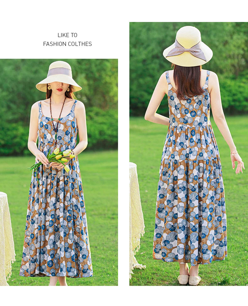 New Fashion Casual 2025 Summer Elegant Dresses For Women O-Neck Print Vintage Sleeveless Dress Loose Women Clothing