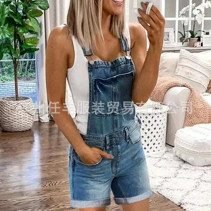 Women Rompers Jeans Jumpsuits One Piece Overalls Washing Denim Shorts Button Loose Casual Pockets Knee Length 2024 Summer Blue