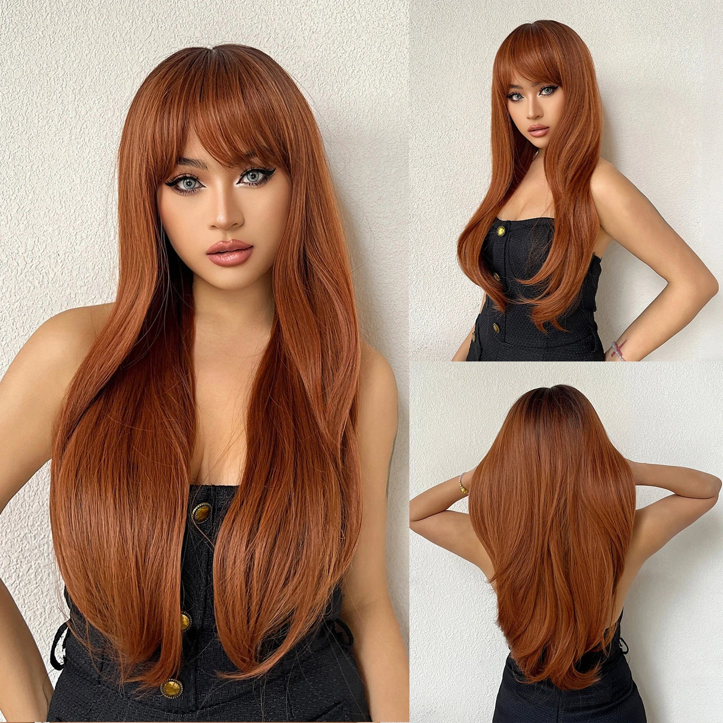 Copper Ginger Brown Long Straight Wig Synthetic Women's Wigs Middle Part Cosplay Daily Use Natural Hair Heat Resistant Fibre LC028-1