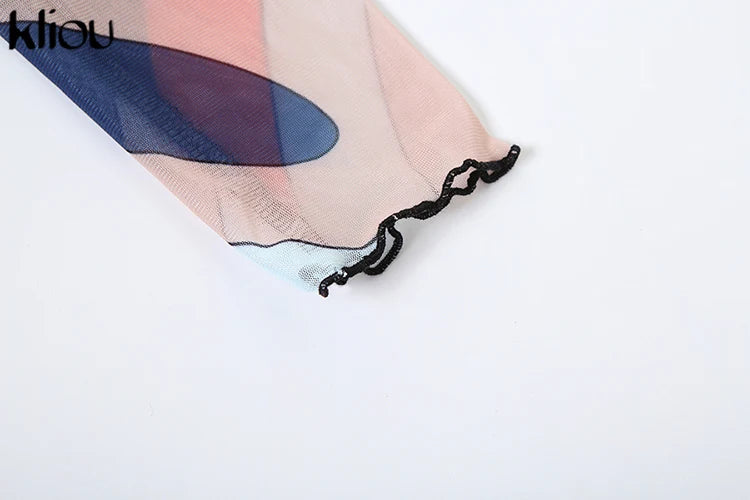 kliou Mesh Colorful Plaid Women Jumpsuits Fashion Panelled Full Sleeve Stand Collar Slim Overalls Female Stunnig Club One Piece