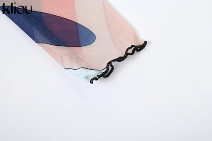 kliou Mesh Colorful Plaid Women Jumpsuits Fashion Panelled Full Sleeve Stand Collar Slim Overalls Female Stunnig Club One Piece