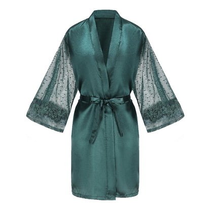 Green Bridesmaid Wedding Party Team Bride Robe With Gold Letters Lace Mesh Sleeve Kimono Satin Pajamas Mother Bathrobe