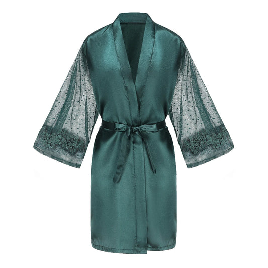 Green Bridesmaid Wedding Party Team Bride Robe With Gold Letters Lace Mesh Sleeve Kimono Satin Pajamas Mother Bathrobe