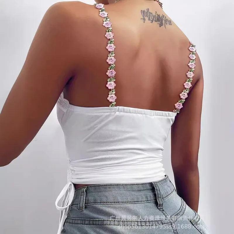 2024 Spring Summer New Vest Top Women's Closing Solid Color Slim Top Women Sexy Lace Stitching Three-Dimensional Decoration Vest