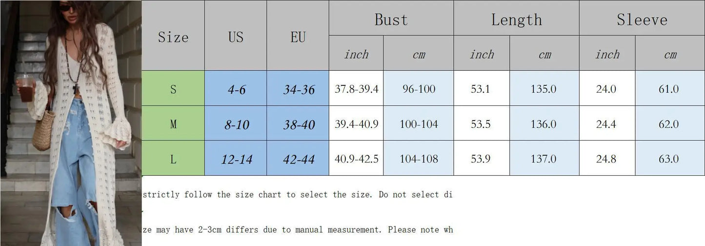 DSMTRC 2025 Holiday Knitted See-throught Cardigan Dress V Neck Long Flare Sleeves Leisure Long Trendy Single Breasted Autumn