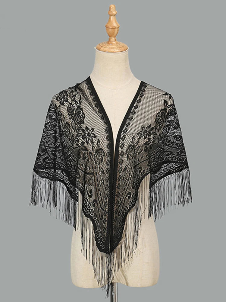 2024 White/Black Catholic Woman Spanish Style Lace Tassel Church Veil Head Covering Long Veil Floral Scarves Wedding Accessories Badiee Stylez