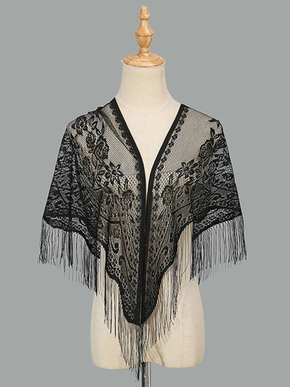 2024 White/Black Catholic Woman Spanish Style Lace Tassel Church Veil Head Covering Long Veil Floral Scarves Wedding Accessories Badiee Stylez