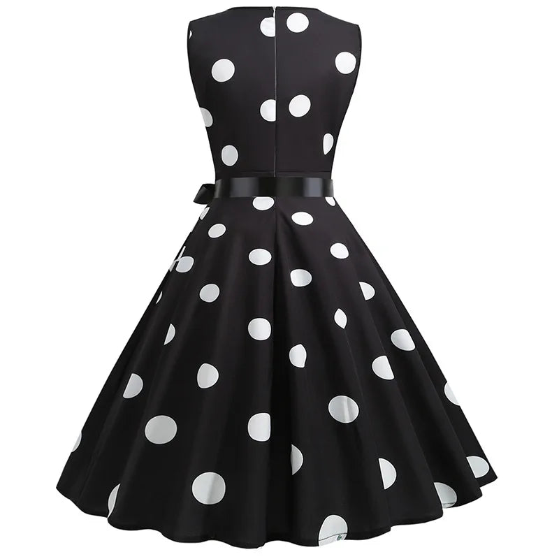 Summer V-neck sleeveless polka dot lace-up waist tucked vintage swing dress