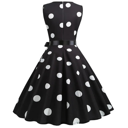 Summer V-neck sleeveless polka dot lace-up waist tucked vintage swing dress
