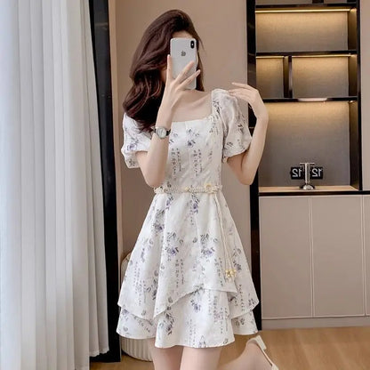 Square Neck Short-sleeved Women 2025 Summer New Chinese Puff Short-sleeved Retro Waist-hugging A-line Dress Beige