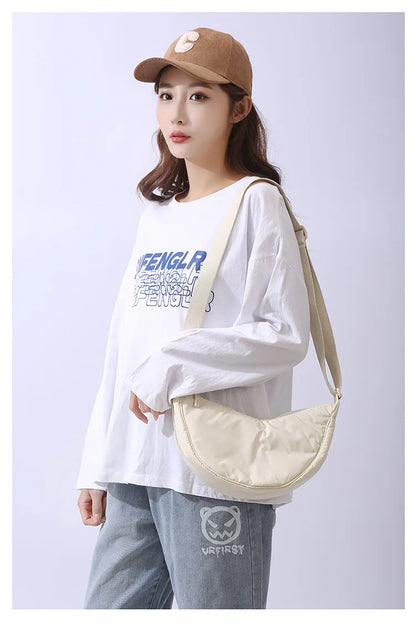 Solid Color Women's Portable Shoulder Bag Simple Female Nylon Cloth Padded Crossbody Bags Travel Purse Handbags Messenger Bag