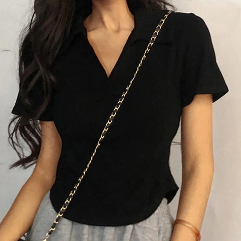 Summer Short Sleeve Lapel Top Women'S Solid V-Neck Pullovers Retro Sweet Shirts Hot Girl Crop Top Female Slim Versatile Tee