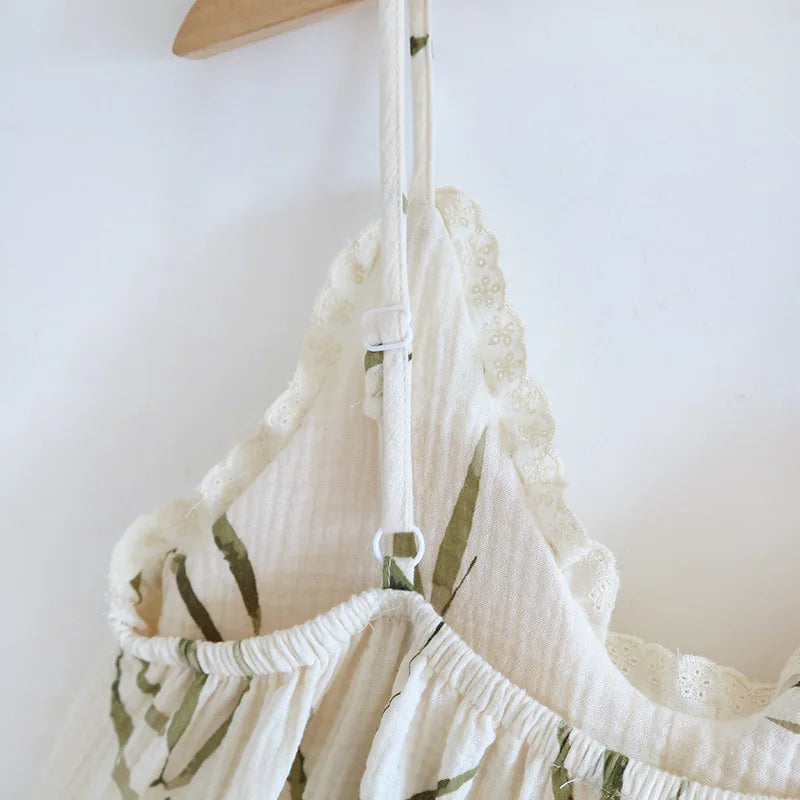 2025 Summer New Women's Two Piece Set of 100% Pure Cotton Crepe Cloth with Chest Cushion Sleepwear Sweet and Cute Home Fury