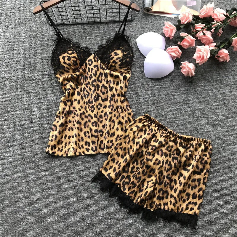 Sexy Leopard Print Sleepwear Women's Cami Top and Shorts Pajama Set Lace Trim Loungewear Trendy Animal Print Pjs New Hot Gift leopard print
