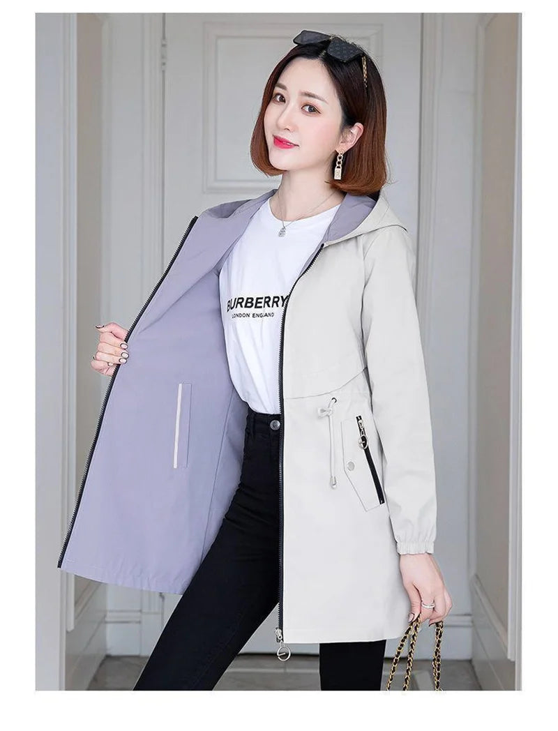 Double-Sided Trench Coat Women 2023New Fashion Spring Autumn Clothes Hooded Mid-Length Windbreakers Female Outerwear Casual Tops
