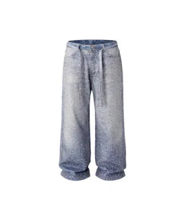 Street fashion retro design jeans Y2K rhinestone sequins retro blue loose men's and women's jeans high waist wide-leg trousers 2