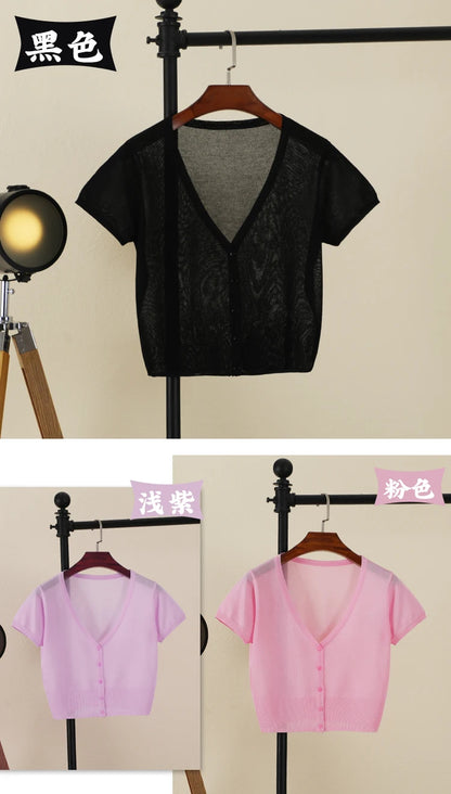 Outerwear Jerseys Summer Cardigan Women Cropped Blouses Korean Fashion Style Cute V-neck Women's Coat Black Bolero Woman Basic