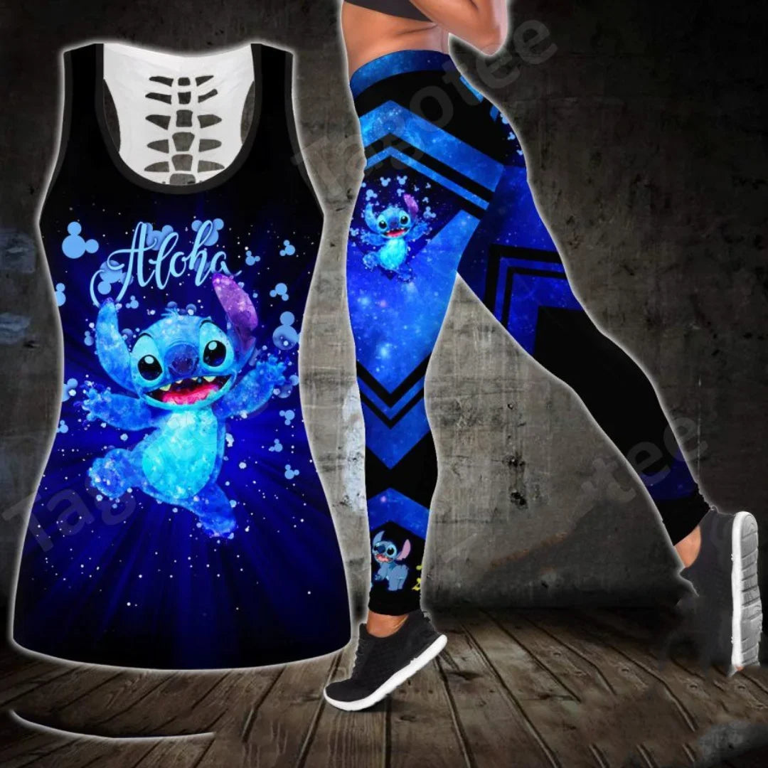2024 Disney Stitch Women's Hollow Tanktop Yoga Set Summer Fitness Leggings Tracksuit Disney Cutout Tank Top Leggings Set 9