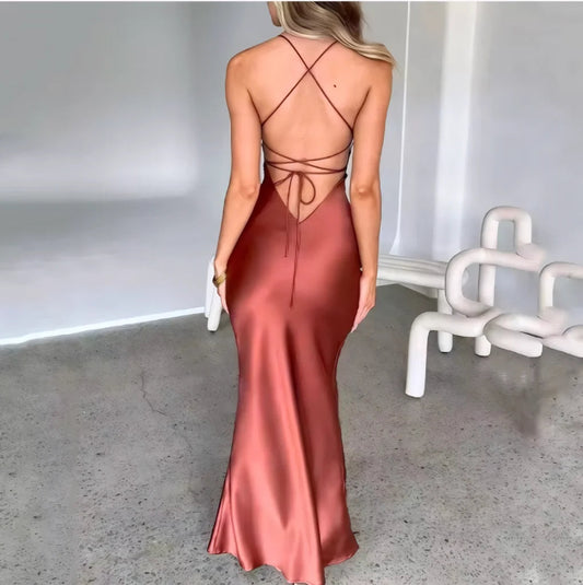 Sexy halter satin dress, a new autumn fashion backless strappy cinched-waist long dress Badiee Stylez