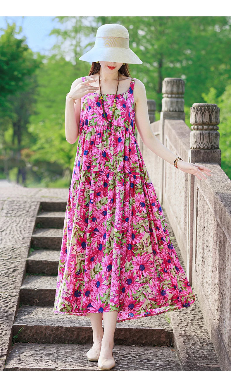 New Fashion Casual 2025 Summer Elegant Dresses For Women O-Neck Print Vintage Sleeveless Dress Loose Women Clothing