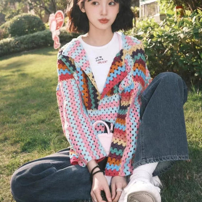Colorful Crochet Knitted Hollow Cardigan Sweater Jacket New Top Loose Women's Clothing