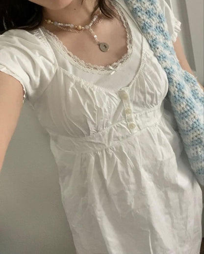 Womens Y2k Fairy Grunge Shirts Square Neck Short Sleeve Lace Patchwork Crop Top Vintage Aesthetic Clothes