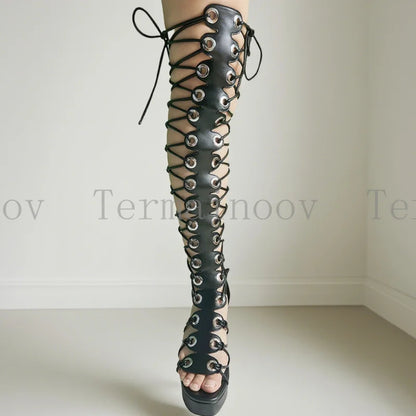 Summer Sexy Women Over Knee High Sandals Fashion Thick Heel Cross Straps Back Zipper Gladiator Shoes Holiday Party Shoes Dress