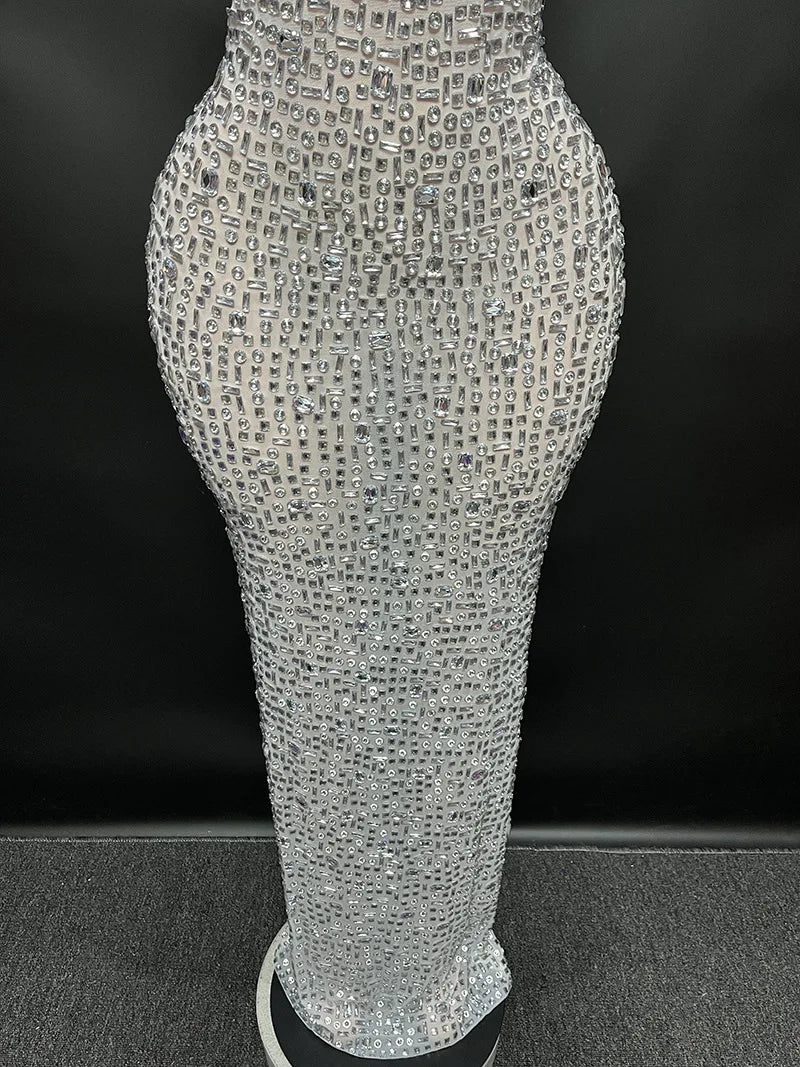 Sexy Full Drill Elastic Slim Fit Sleeveless Long Dress - Hip Wrap, For Host Stage Catwalk & Engagement Evening High-Slit Dresses Badiee Stylez