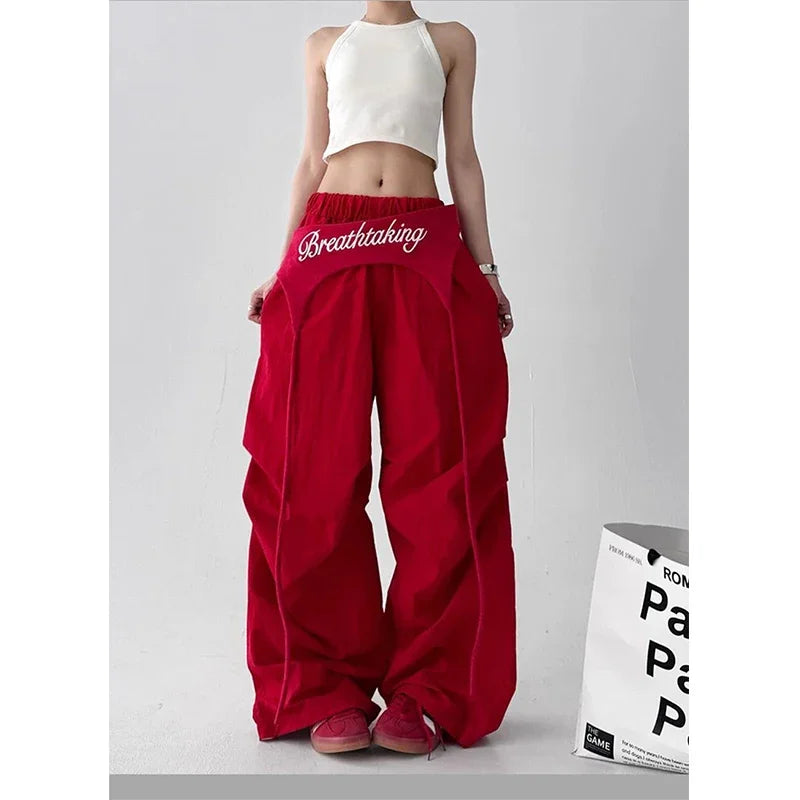 Korean Y2K Cargo Pants Women Streetwear Letter Print Baggy Sweatpants Gyaru Harajuku Wide Leg Joggers Summer Casual Trousers Badiee Stylez