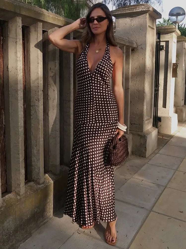 Trendix Polka Dot Print Backless Dress Women Summer Sexy Deep V Neck Sleeveless Off Shoulder Maxi Dresses Elegant Evneing Dress