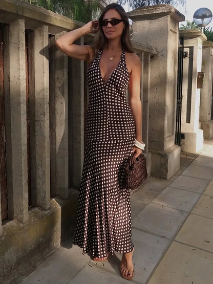 Trendix Polka Dot Print Backless Dress Women Summer Sexy Deep V Neck Sleeveless Off Shoulder Maxi Dresses Elegant Evneing Dress