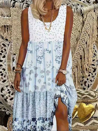 plus Size Women's Sleeveless round Neck Casual Dress Clashing Floral Print Maxi Summer Dresses for Women