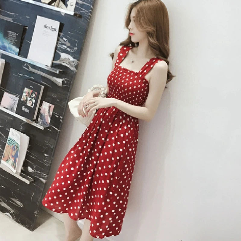 Women Summer Sleeveless Dot Dress Sexy Backless A-Line Spaghetti Strap Beach Style Dresses Camisole Off-Shoulder Folds Vestidos Badiee Stylez