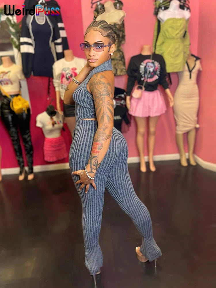 Weird Puss Patchwork Striped Women Casual 2 Piece Set Crochet Halter Low-Neck Vest+Pocket Pants Stretch Skinny Matching Suit Badiee Stylez