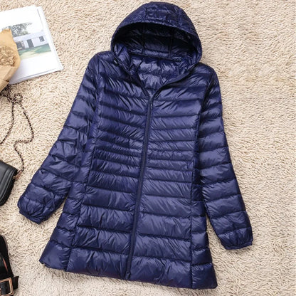 Plus Size 5XL 6XL 7XL Women's Hooded Puffer Jackets 2023 New Arrivals Female Ultra Lightweight Packable Warm Slim Fit Down Coat Navy Blue