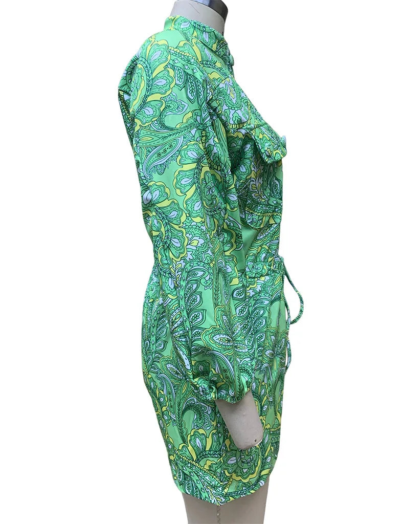 BAMBOOBOY Women Summer Long Sleeve Playsuit with Waist Elastic Band Casual Stand Collar Pocket Loose Wide Leg Short Jumpsuit