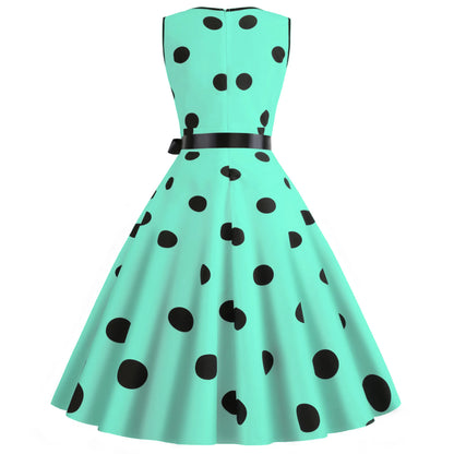 Summer V-neck sleeveless polka dot lace-up waist tucked vintage swing dress