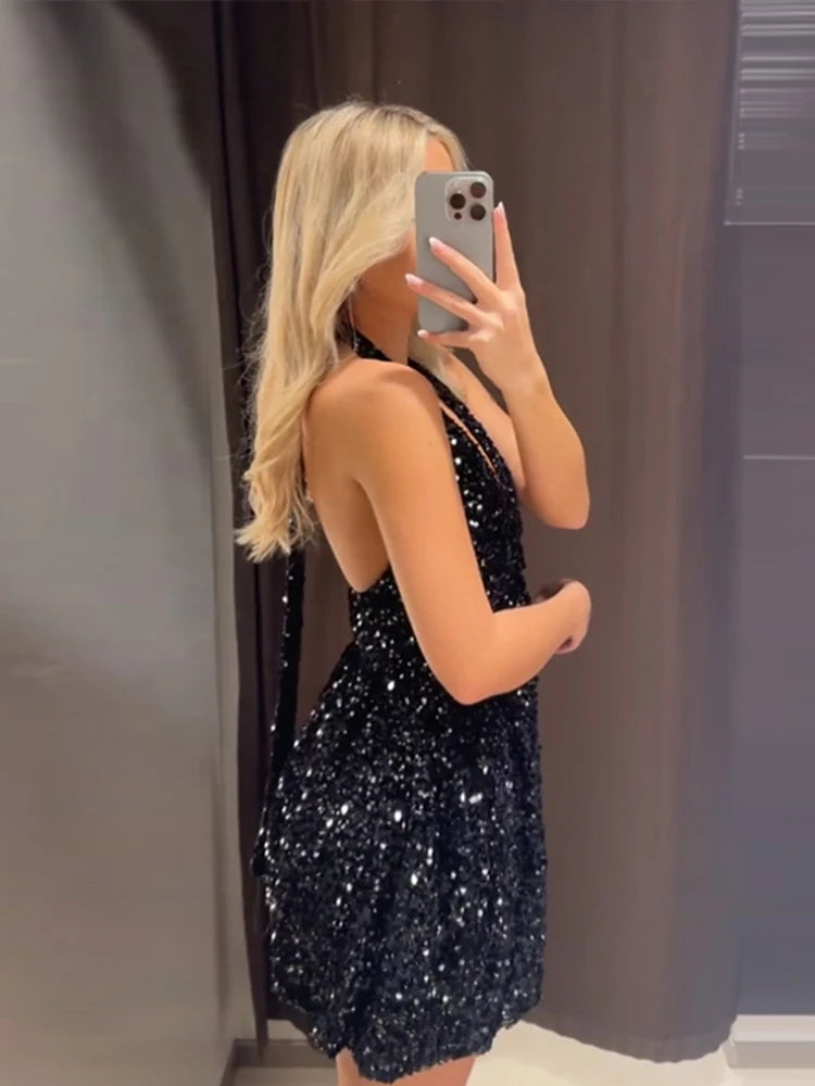 Sexy Sequins Short Black Party Dresses for Women Halter V Neck Backless Sparkly Ruffles Woman Mini Dress 2025 New Club Gowns