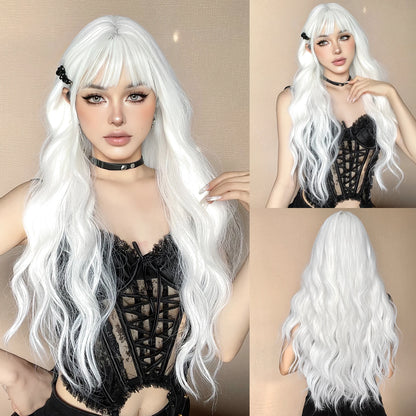 Super Long Curly Silver Synthetic Wig with Fluffy Bangs White Water Wave Hair Wigs for Women Daily Use Cosplay Colored Hair Wig LC3019-1