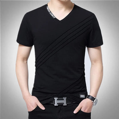 BROWON Summer Fashion T-shirt Men Short Sleeve V-neck Cotton Regular Fit Plus Size Men Casual T-shirt 5XL Black t-shirt