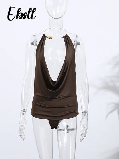 Sexy Metal Halter Deep V-neck Jumpsuits Women High Street Backless Sleeveless Short Bodysuit 2025 Summer New Lady Slim Clubwear
