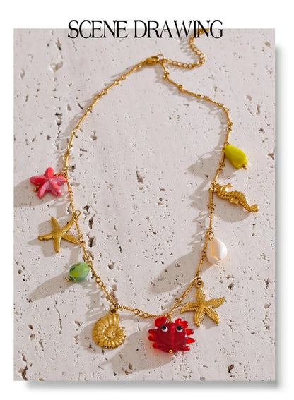 Yhpup Ocean Style Summer Fashion Jewelry Crab Starfish Shell Pendant Necklace Stainless Steel Golden Charm Pendant Accessories
