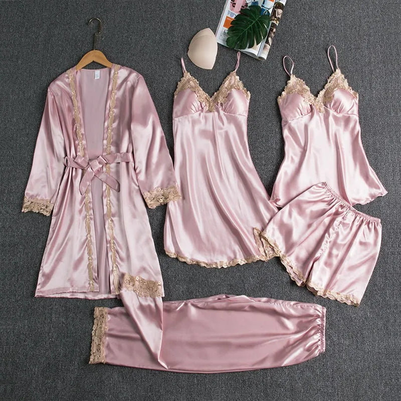 2025New Luxury Satin Pajama Set 5 Pcs Women's Silky Sleepwear Lace Trim Robe Nightgown Cami Shorts Pants Elegant Loungewear Hot Pink