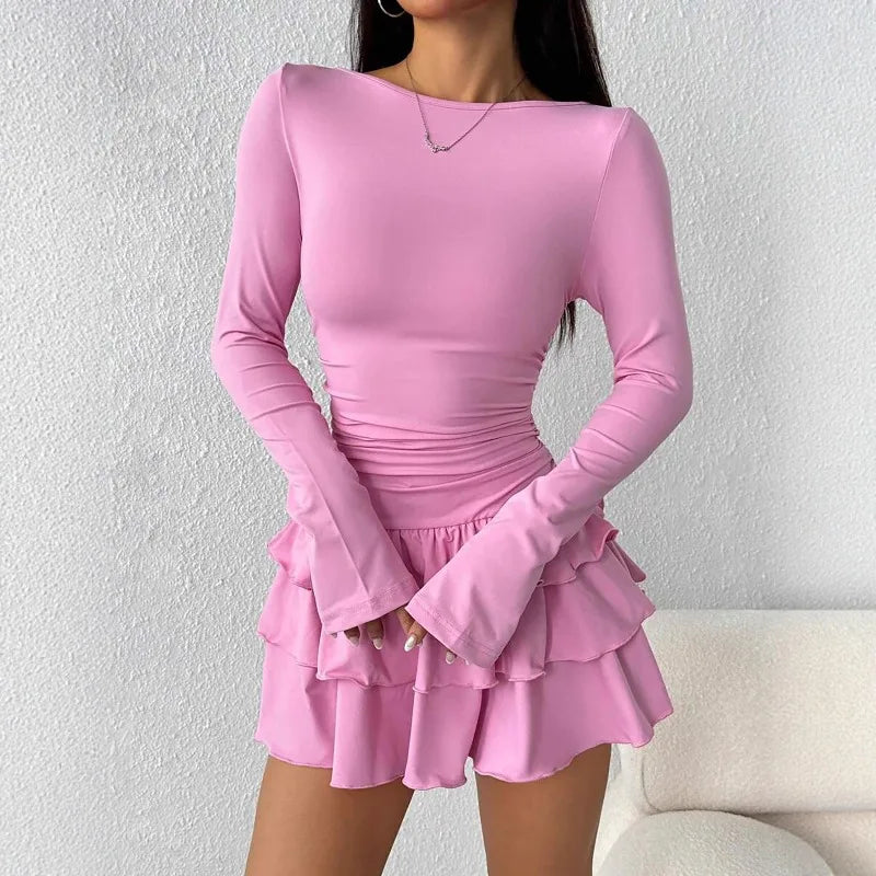 2025 Autumn Solid Slim Fit Cascading Ruffles Mini Dress Winter Women Elegant Flare Sleeve High Waist Sexy Party Bodycon Dresses Badiee Stylez